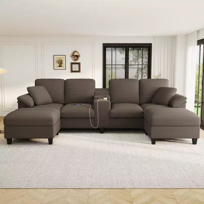 116.9" U-Shaped Sectional Sofa – Corduroy Upholstered Couch with Ottomans & Cup Holders