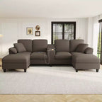 Canapé d'angle en U de 296 cm – Canapé rembourré en velours côtelé avec poufs et porte-gobelets