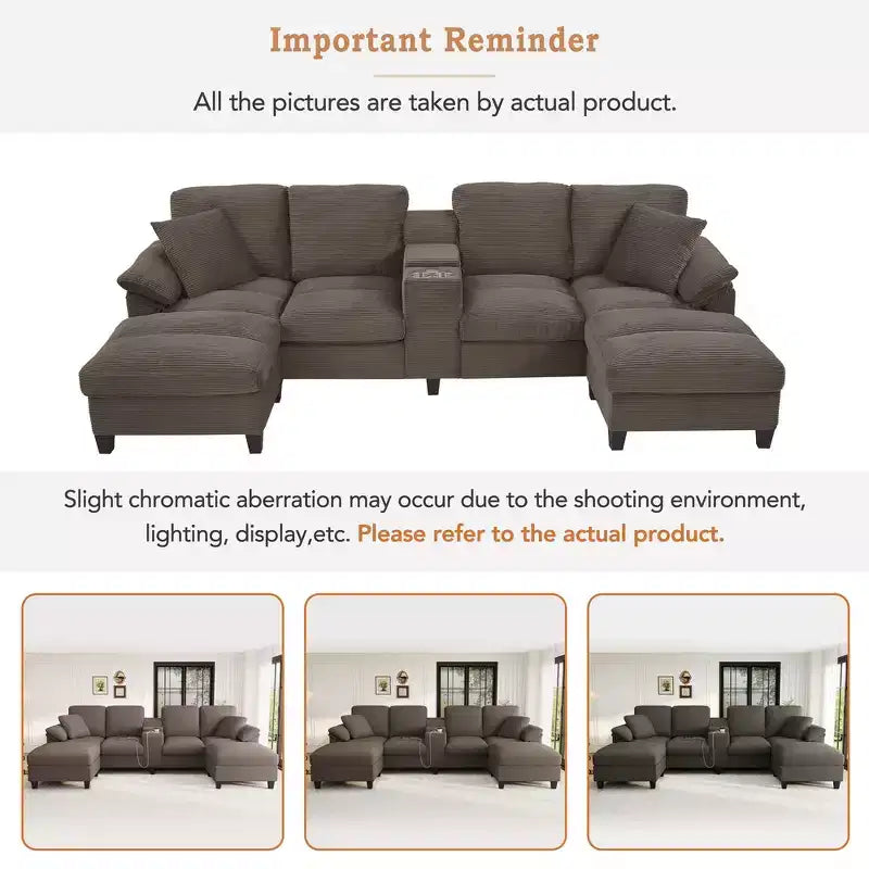 116.9" U-Shaped Sectional Sofa – Corduroy Upholstered Couch with Ottomans & Cup Holders