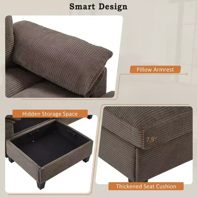116.9" U-Shaped Sectional Sofa – Corduroy Upholstered Couch with Ottomans & Cup Holders