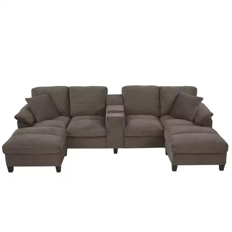 116.9" U-Shaped Sectional Sofa – Corduroy Upholstered Couch with Ottomans & Cup Holders