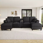 Canapé d'angle en U de 296 cm – Canapé rembourré en velours côtelé avec poufs et porte-gobelets