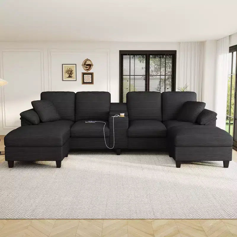 116.9" U-Shaped Sectional Sofa – Corduroy Upholstered Couch with Ottomans & Cup Holders