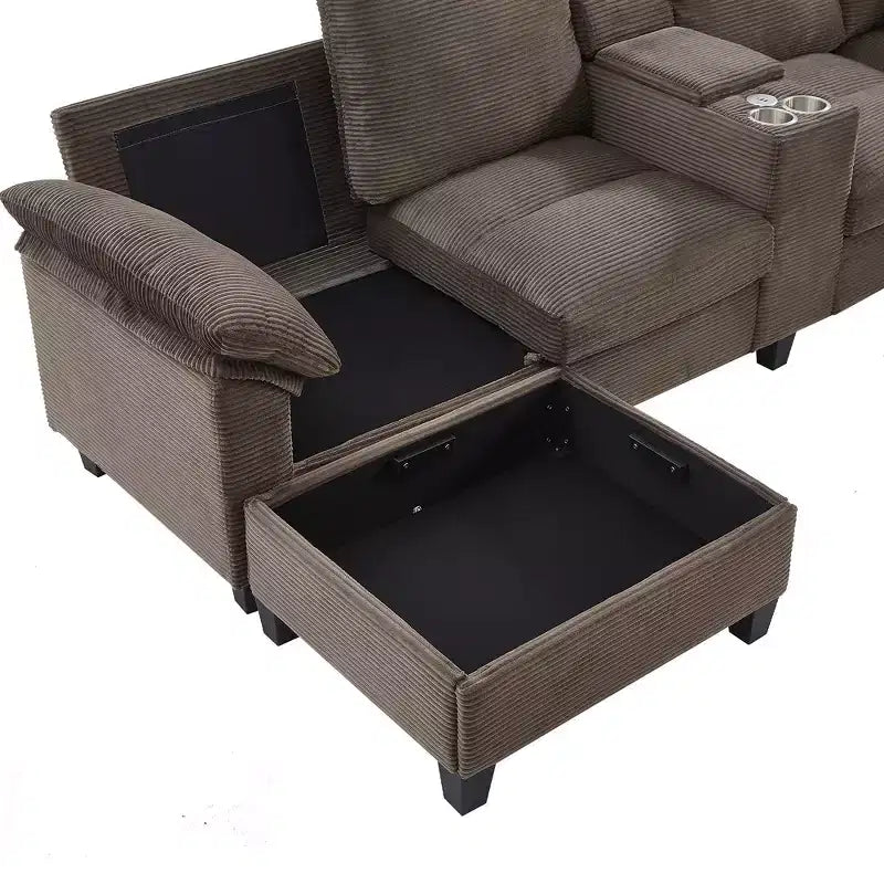 116.9" U-Shaped Sectional Sofa – Corduroy Upholstered Couch with Ottomans & Cup Holders