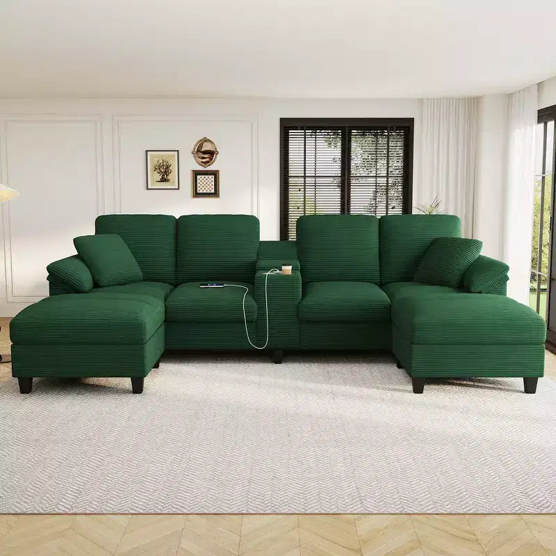 116.9" U-Shaped Sectional Sofa – Corduroy Upholstered Couch with Ottomans & Cup Holders