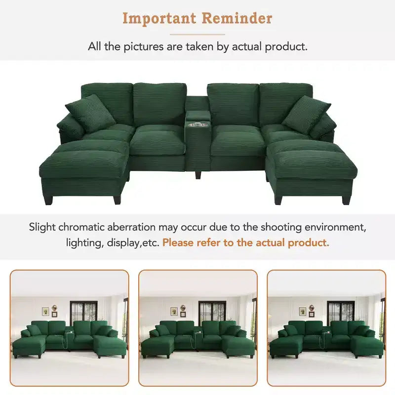 116.9" U-Shaped Sectional Sofa – Corduroy Upholstered Couch with Ottomans & Cup Holders