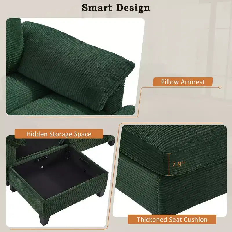 116.9" U-Shaped Sectional Sofa – Corduroy Upholstered Couch with Ottomans & Cup Holders