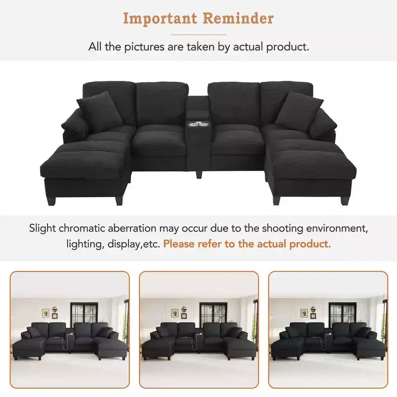 116.9" U-Shaped Sectional Sofa – Corduroy Upholstered Couch with Ottomans & Cup Holders