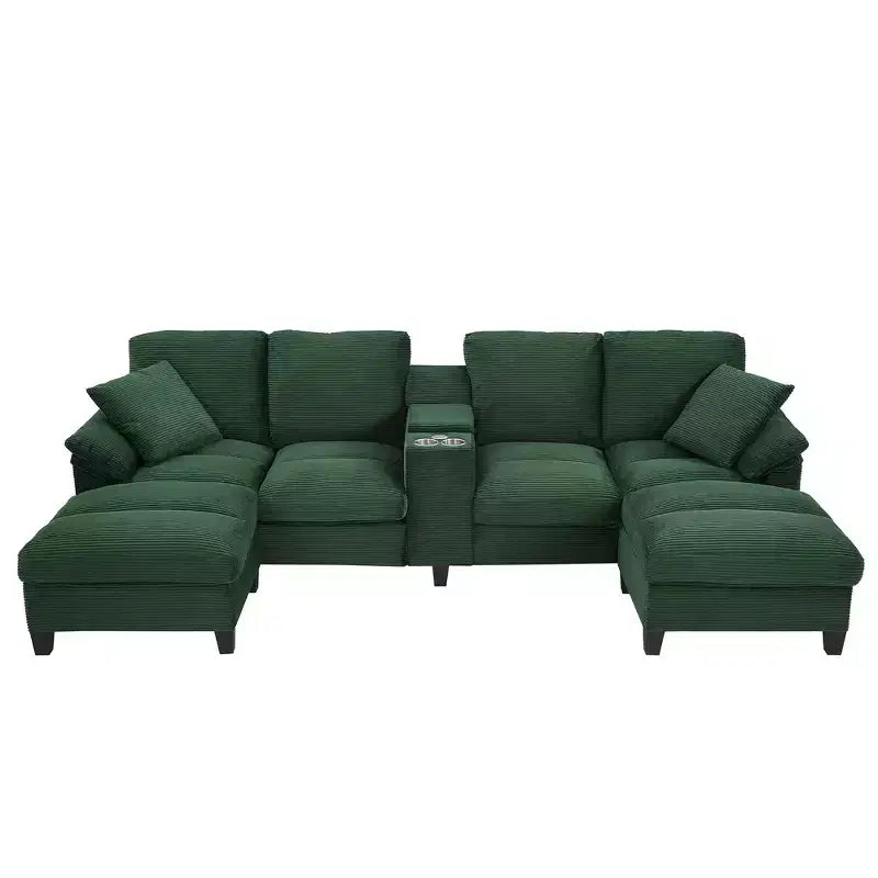 116.9" U-Shaped Sectional Sofa – Corduroy Upholstered Couch with Ottomans & Cup Holders