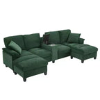 Canapé d'angle en U de 296 cm – Canapé rembourré en velours côtelé avec poufs et porte-gobelets