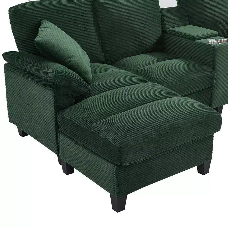 116.9" U-Shaped Sectional Sofa – Corduroy Upholstered Couch with Ottomans & Cup Holders