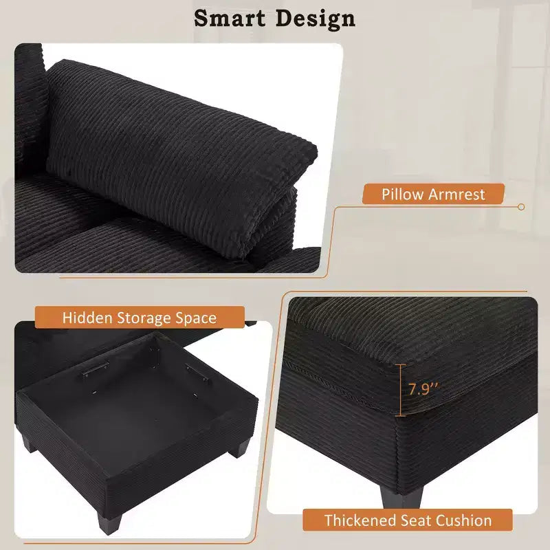 116.9" U-Shaped Sectional Sofa – Corduroy Upholstered Couch with Ottomans & Cup Holders