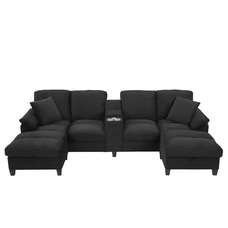 116.9" U-Shaped Sectional Sofa – Corduroy Upholstered Couch with Ottomans & Cup Holders