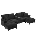 Canapé d'angle en U de 296 cm – Canapé rembourré en velours côtelé avec poufs et porte-gobelets