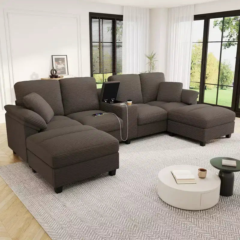 116.9" U-Shaped Sectional Sofa – Corduroy Upholstered Couch with Ottomans & Cup Holders