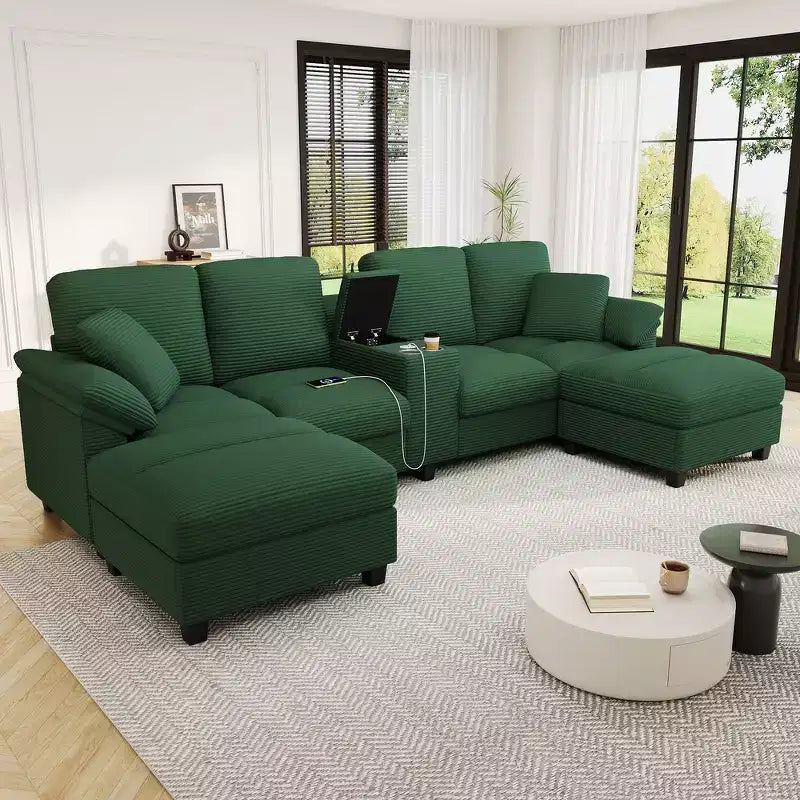 116.9" U-Shaped Sectional Sofa – Corduroy Upholstered Couch with Ottomans & Cup Holders