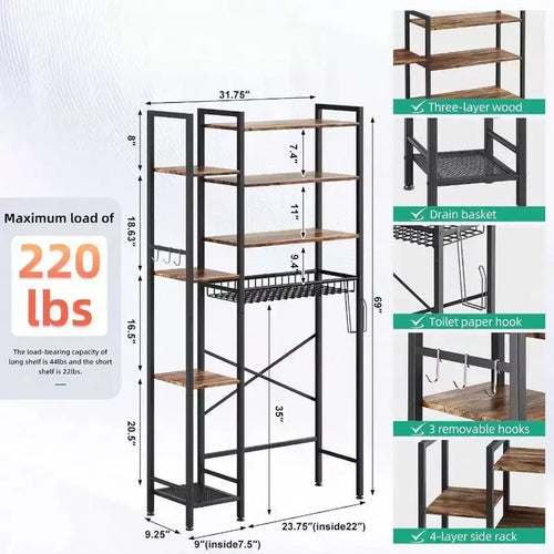 8 - Tier Over Toilet Storage with Side Rack, Adjustable Shelf Drain Basket, Freestanding Bathroom Organizer for Balcony