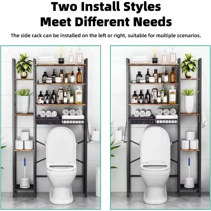 8 - Tier Over Toilet Storage with Side Rack, Adjustable Shelf Drain Basket, Freestanding Bathroom Organizer for Balcony