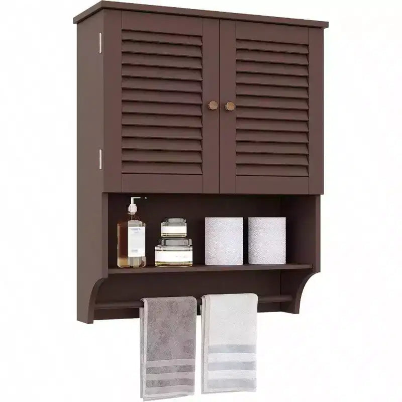 Bathroom Wall Cabinet with Towels Bar, 23.6 Inch Lx7.9x27.5 H MDF Material Espresso Space Saver Storage Cabinet Over Toilet