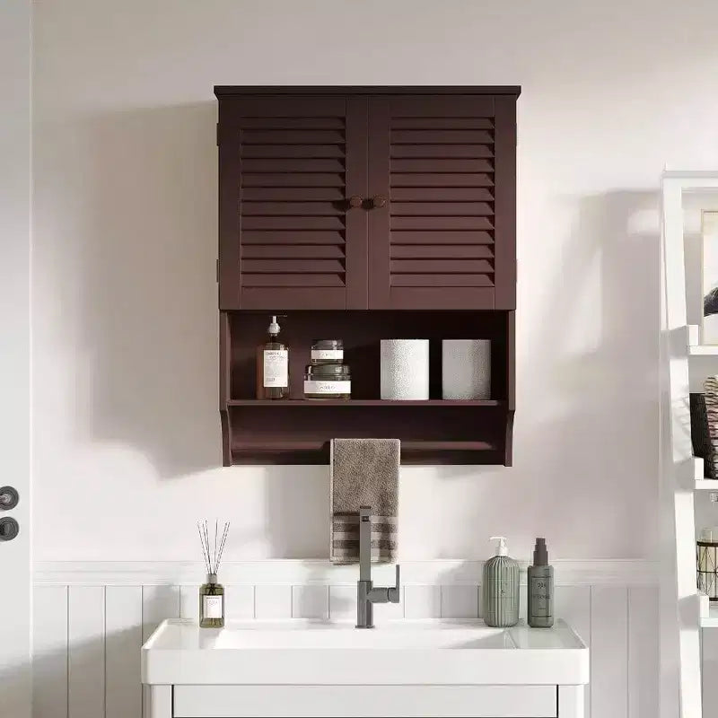 Bathroom Wall Cabinet with Towels Bar, 23.6 Inch Lx7.9x27.5 H MDF Material Espresso Space Saver Storage Cabinet Over Toilet