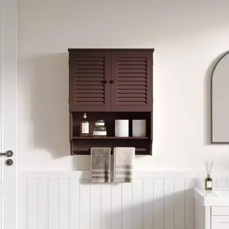 Bathroom Wall Cabinet with Towels Bar, 23.6 Inch Lx7.9x27.5 H MDF Material Espresso Space Saver Storage Cabinet Over Toilet