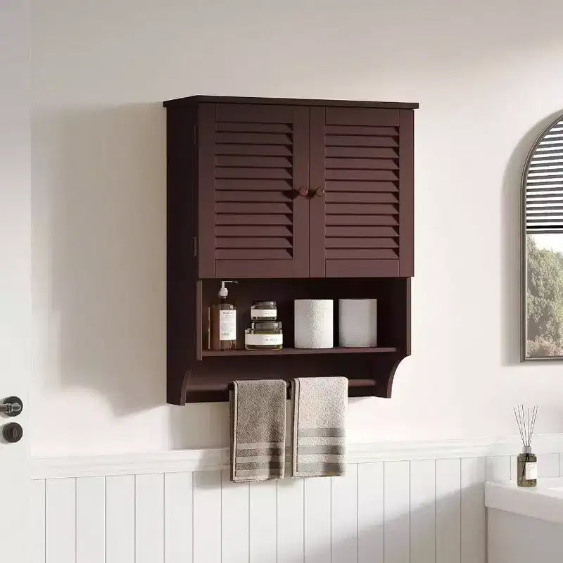 Bathroom Wall Cabinet with Towels Bar, 23.6 Inch Lx7.9x27.5 H MDF Material Espresso Space Saver Storage Cabinet Over Toilet