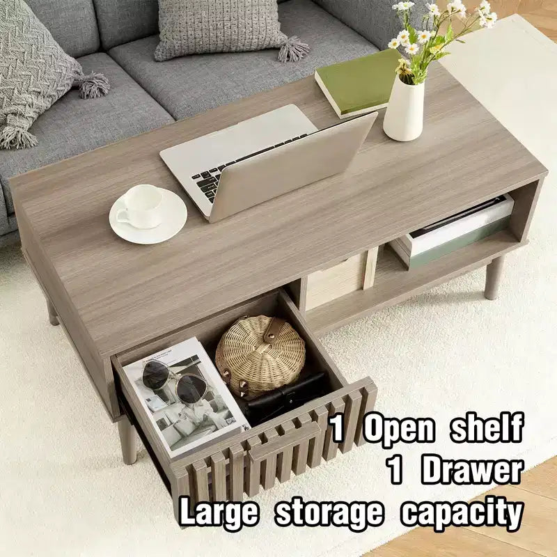 Coffee Table with Storage, 39 Mid Century Modern Fluted Center Tables with Drawer, Open Shelf & Study Wood Legs, 2-Tiers for Living Room Bedroom
