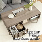 Table basse avec rangement, 39 tables centrales cannelées de style Mid-Century avec tiroir, étagère ouverte et pieds en bois robustes, 2 niveaux pour salon ou chambre