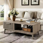 Table basse avec rangement, 39 tables centrales cannelées de style Mid-Century avec tiroir, étagère ouverte et pieds en bois robustes, 2 niveaux pour salon ou chambre