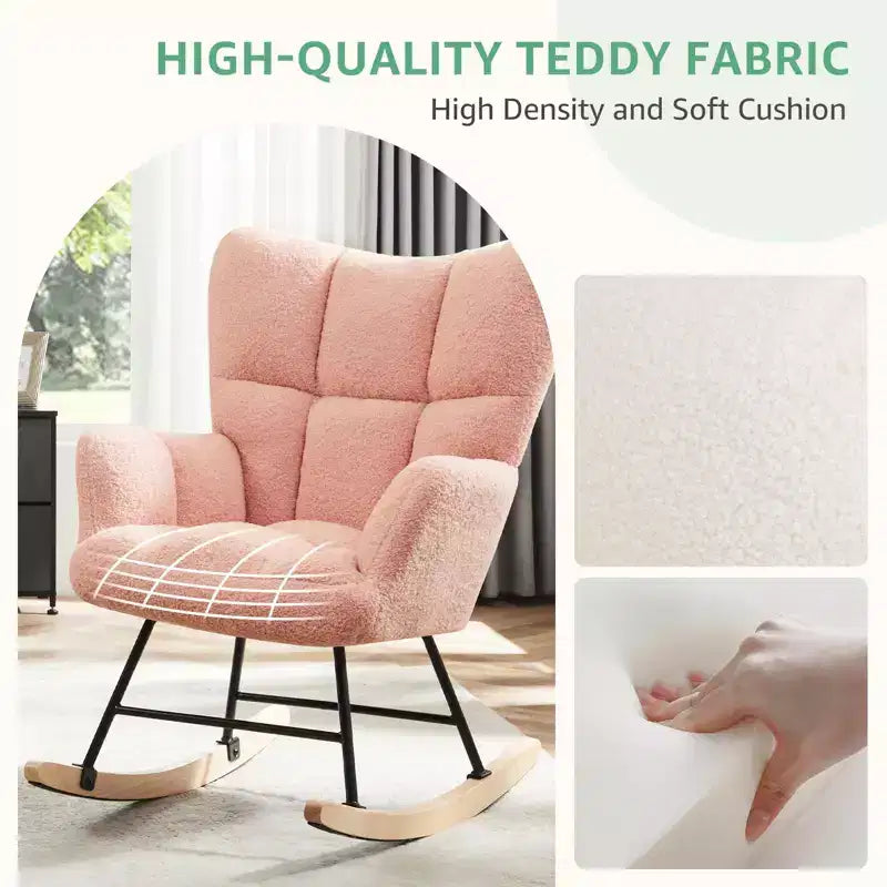 Modern Teddy Upholstered Glider Rocker Chair with High Backrest – Accent Armchair for Living Room & Bedroom