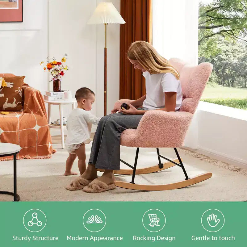 Modern Teddy Upholstered Glider Rocker Chair with High Backrest – Accent Armchair for Living Room & Bedroom