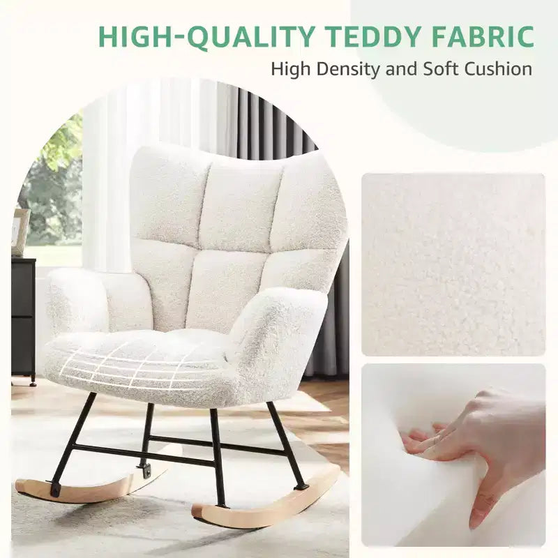 Modern Teddy Upholstered Glider Rocker Chair with High Backrest – Accent Armchair for Living Room & Bedroom