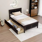 Cadre de lit double en bois avec 2 tiroirs de rangement et rangement sous le lit – Espresso