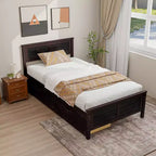 Cadre de lit double en bois avec 2 tiroirs de rangement et rangement sous le lit – Espresso