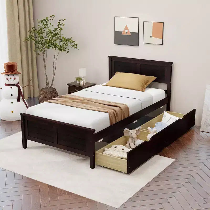Twin Size Wooden Bed Frame with 2 Storage Drawers & Under-Bed Storage – Espresso