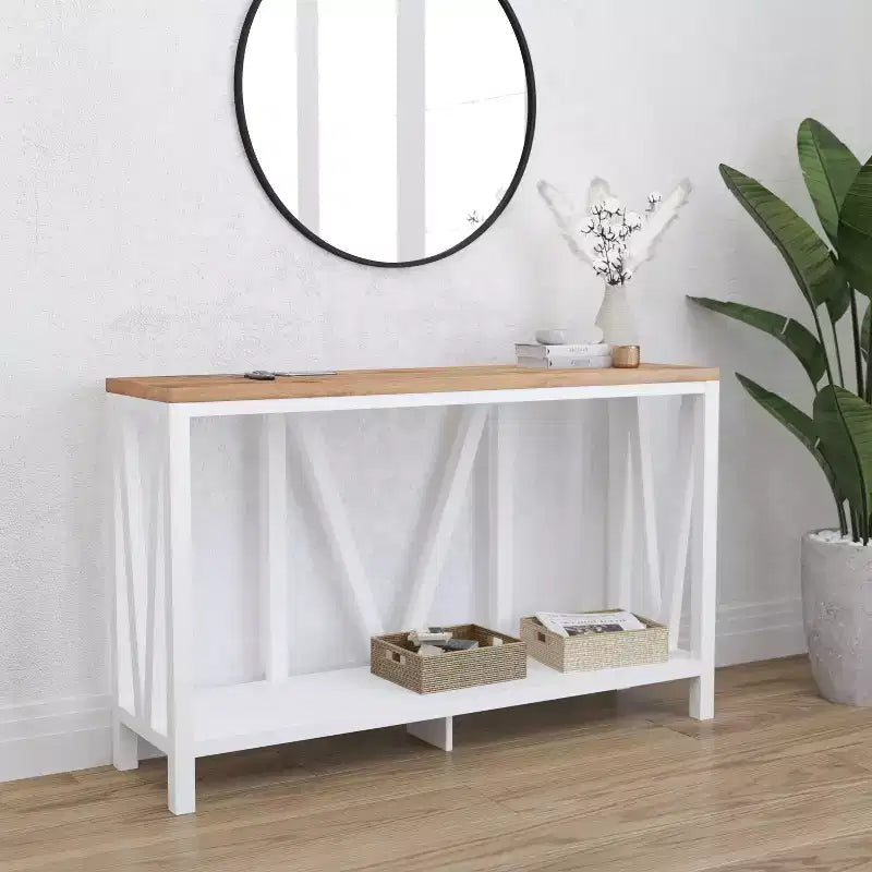 Modern Farmhouse Engineered Wood Sofa Table with Wood Bracing & Lower Shelf