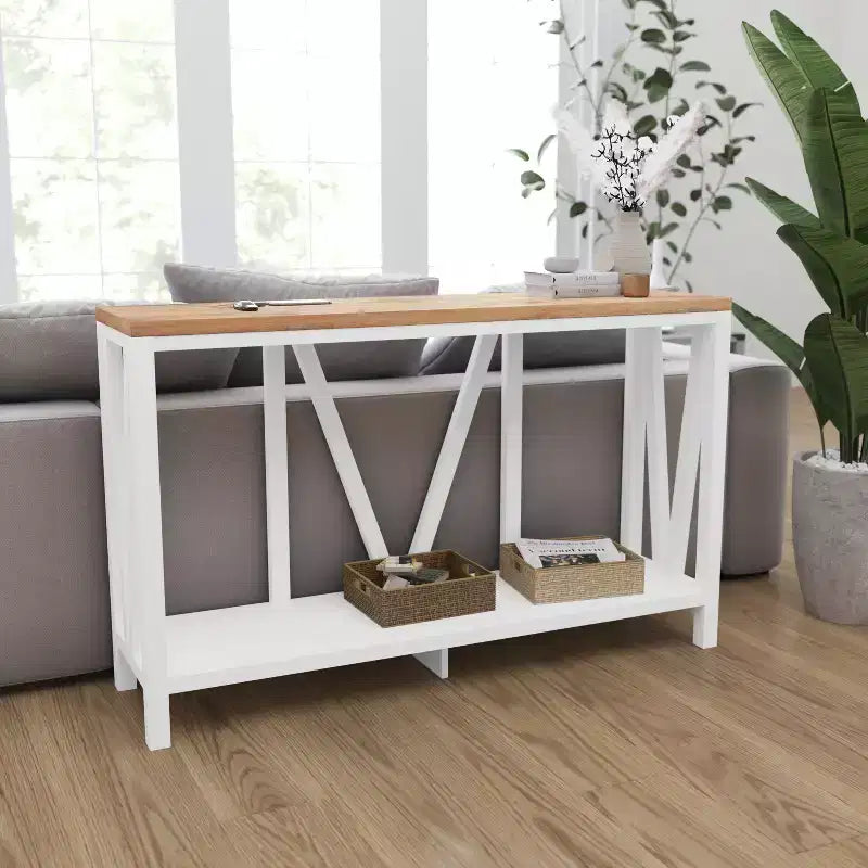 Modern Farmhouse Engineered Wood Sofa Table with Wood Bracing & Lower Shelf