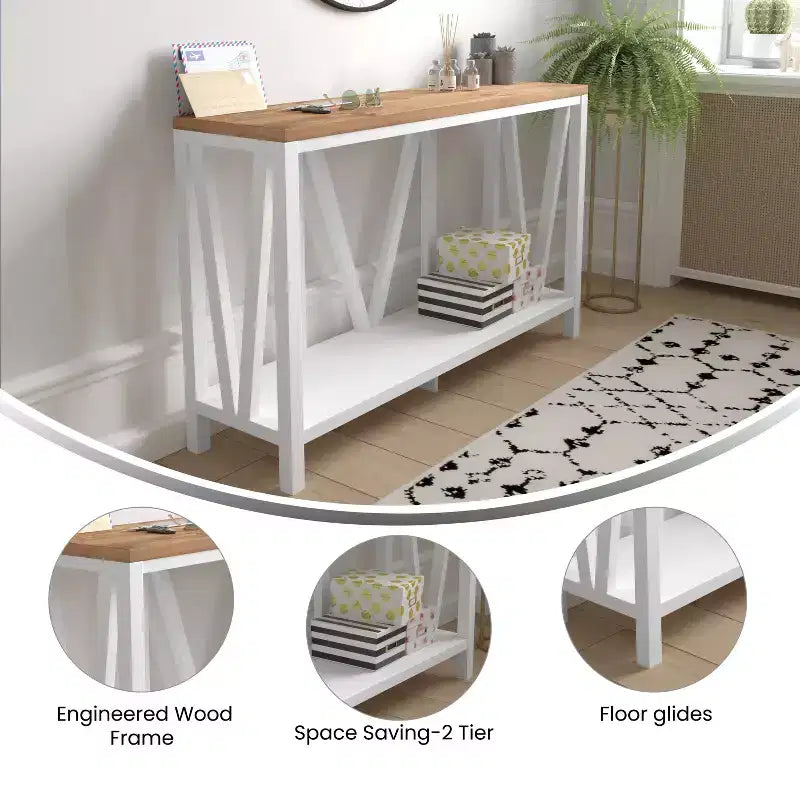 Modern Farmhouse Engineered Wood Sofa Table with Wood Bracing & Lower Shelf
