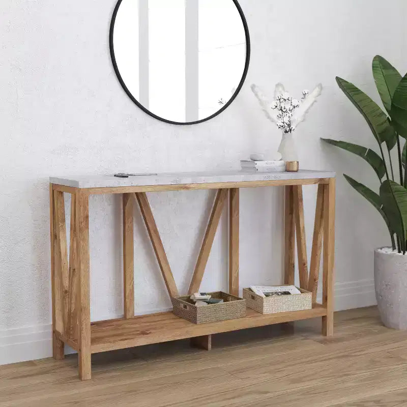 Modern Farmhouse Engineered Wood Sofa Table with Wood Bracing & Lower Shelf