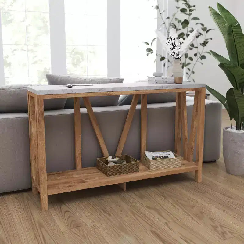 Modern Farmhouse Engineered Wood Sofa Table with Wood Bracing & Lower Shelf
