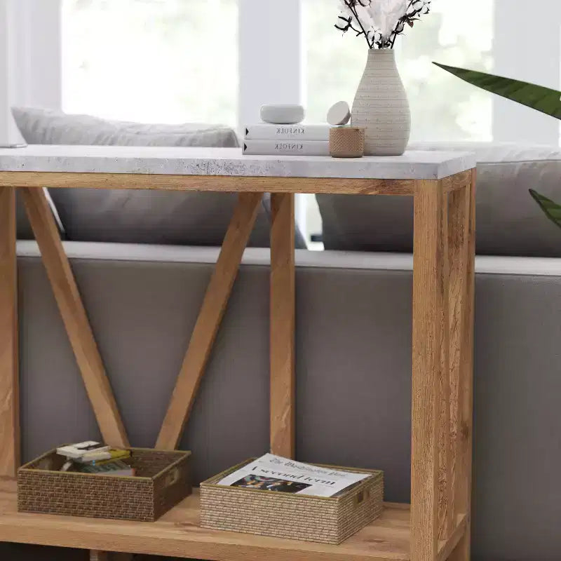 Modern Farmhouse Engineered Wood Sofa Table with Wood Bracing & Lower Shelf
