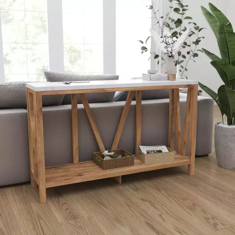 Modern Farmhouse Engineered Wood Sofa Table with Wood Bracing & Lower Shelf