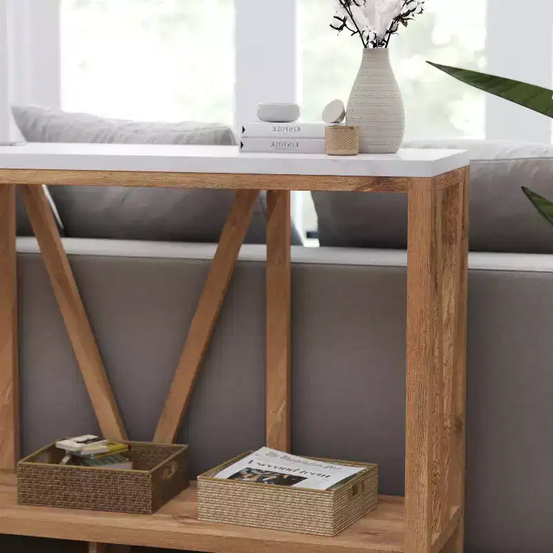 Modern Farmhouse Engineered Wood Sofa Table with Wood Bracing & Lower Shelf
