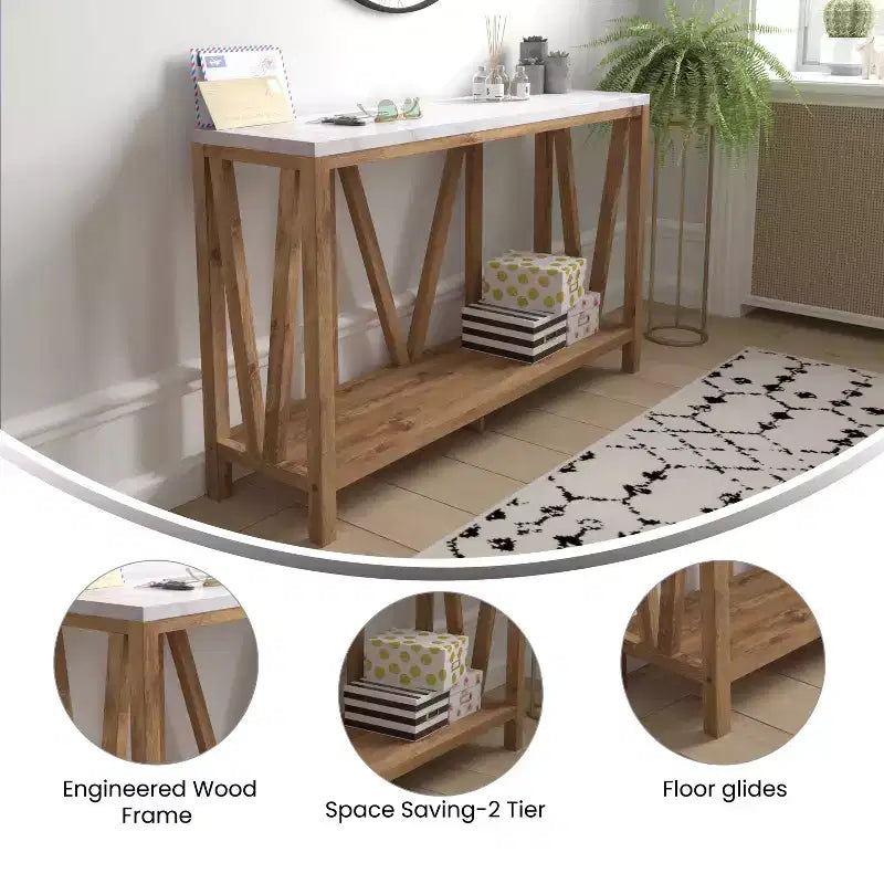 Modern Farmhouse Engineered Wood Sofa Table with Wood Bracing & Lower Shelf