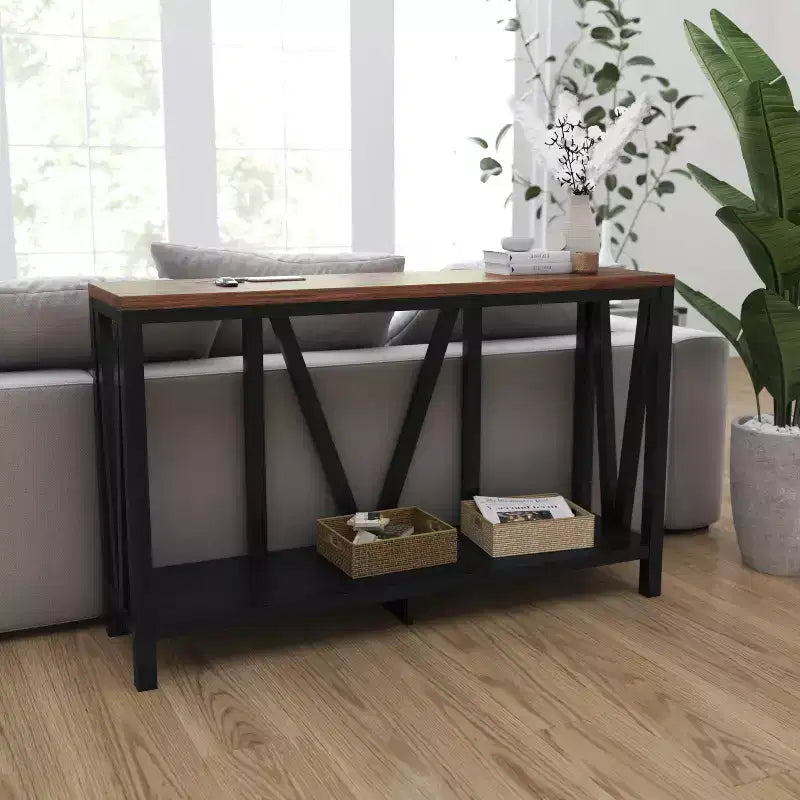 Modern Farmhouse Engineered Wood Sofa Table with Wood Bracing & Lower Shelf