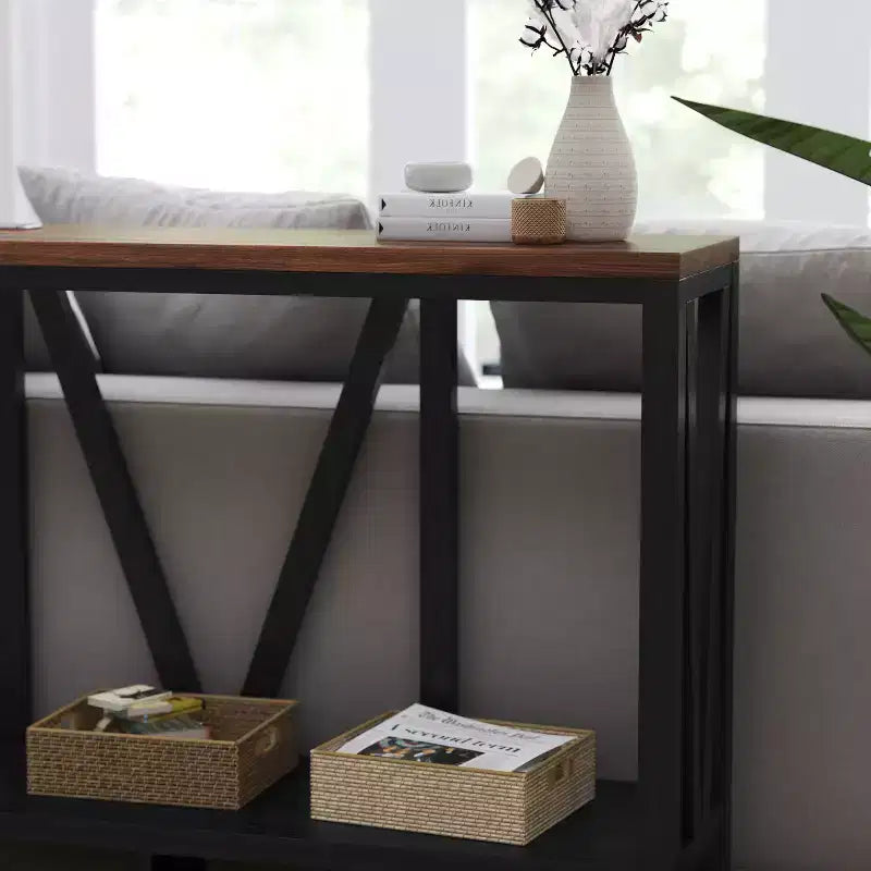 Modern Farmhouse Engineered Wood Sofa Table with Wood Bracing & Lower Shelf