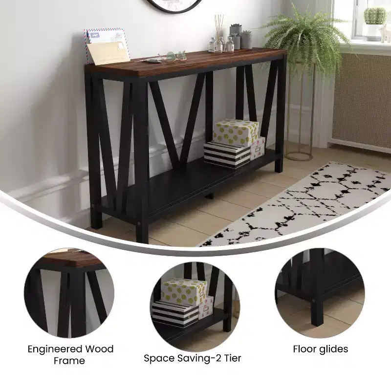 Modern Farmhouse Engineered Wood Sofa Table with Wood Bracing & Lower Shelf