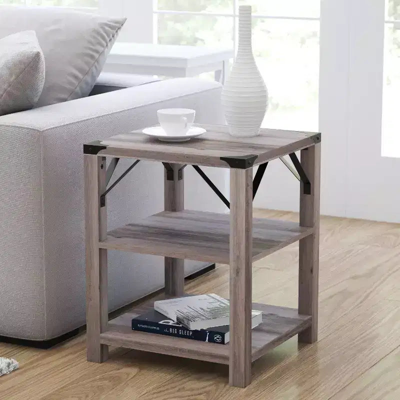 Modern Farmhouse Engineered Wood End Table with Two-Tiered Shelving & Steel Accents