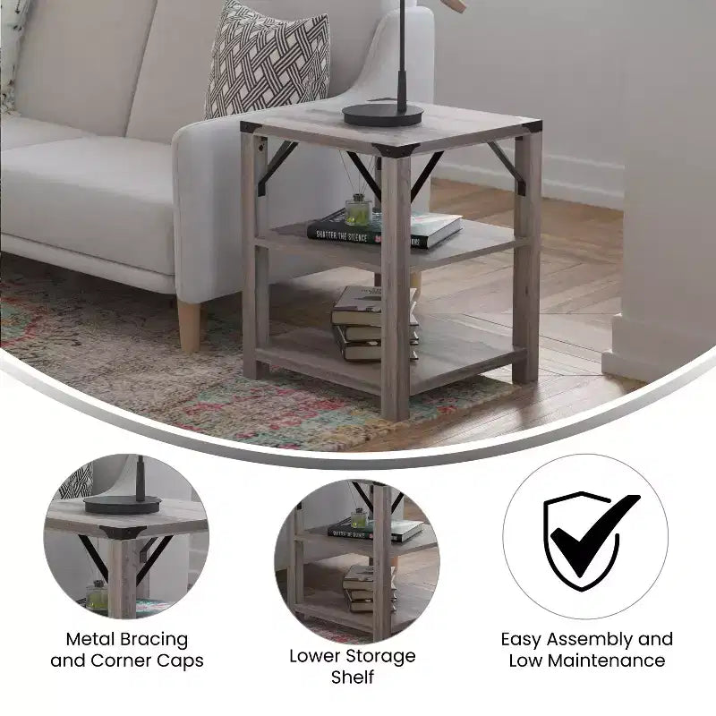 Modern Farmhouse Engineered Wood End Table with Two-Tiered Shelving & Steel Accents