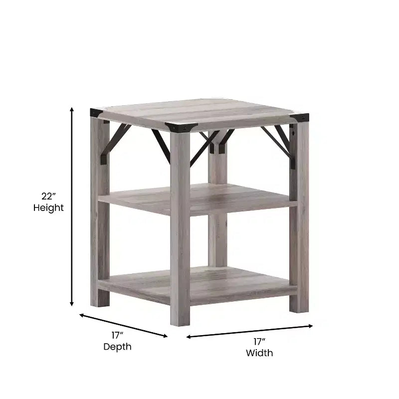 Modern Farmhouse Engineered Wood End Table with Two-Tiered Shelving & Steel Accents